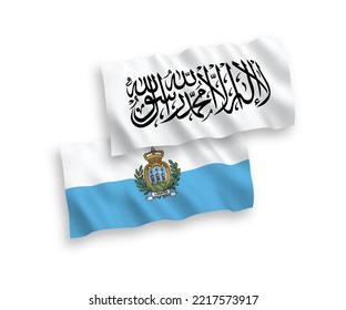 National vector fabric wave flags of San Marino and Islamic Emirate of Afghanistan isolated on white background. 1 to 2 proportion.