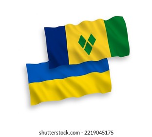 National vector fabric wave flags of Saint Vincent and the Grenadines and Ukraine isolated on white background. 1 to 2 proportion.