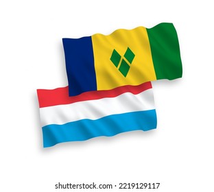 Banderas de olas de tela vectorial nacional de San Vicente y las Granadinas y Luxemburgo aisladas de fondo blanco. de 1 a 2.