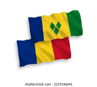Banderas de olas de tela vectorial nacional de Rumania y San Vicente y las Granadinas aisladas en fondo blanco. de 1 a 2.
