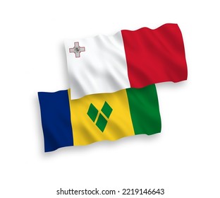 National vector fabric wave flags of Malta and Saint Vincent and the Grenadines isolated on white background. 1 to 2 proportion.
