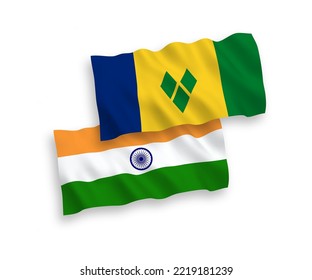 National vector fabric wave flags of India and Saint Vincent and the Grenadines isolated on white background. 1 to 2 proportion.