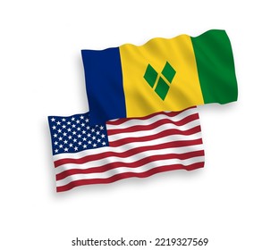 National vector fabric wave flags of Saint Vincent and the Grenadines and USA isolated on white background. 1 to 2 proportion.