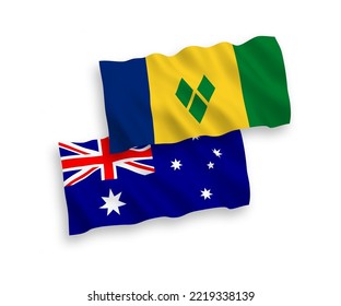 National vector fabric wave flags of Australia and Saint Vincent and the Grenadines isolated on white background. 1 to 2 proportion.