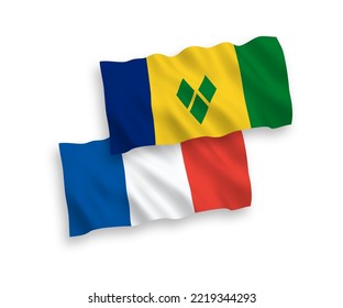Banderas nacionales de tela vectorial ondeando banderas de Francia y San Vicente y las Granadinas aisladas en fondo blanco. de 1 a 2.