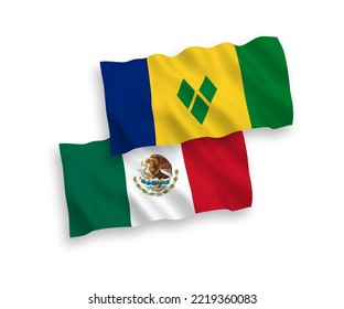National vector fabric wave flags of Mexico and Saint Vincent and the Grenadines isolated on white background. 1 to 2 proportion.