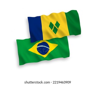National vector fabric wave flags of Brazil and Saint Vincent and the Grenadines isolated on white background. 1 to 2 proportion.