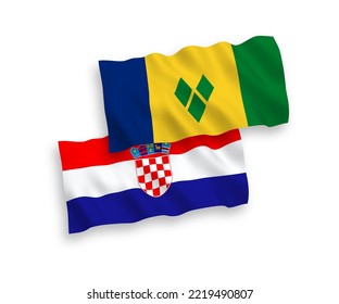 Banderas de olas de tela vectorial nacional de San Vicente y las Granadinas y Croacia aisladas en fondo blanco. de 1 a 2.