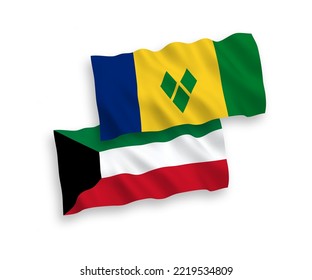 National vector fabric wave flags of Saint Vincent and the Grenadines and Kuwait isolated on white background. 1 to 2 proportion.