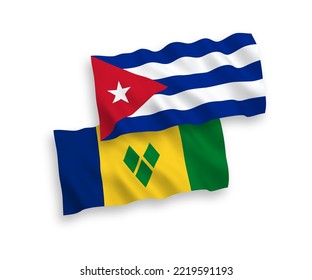 National vector fabric wave flags of Saint Vincent and the Grenadines and Cuba isolated on white background. 1 to 2 proportion.