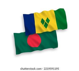 National vector fabric wave flags of Saint Vincent and the Grenadines and Bangladesh isolated on white background. 1 to 2 proportion.