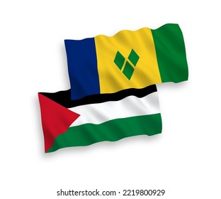 National vector fabric wave flags of Saint Vincent and the Grenadines and Palestine isolated on white background. 1 to 2 proportion.
