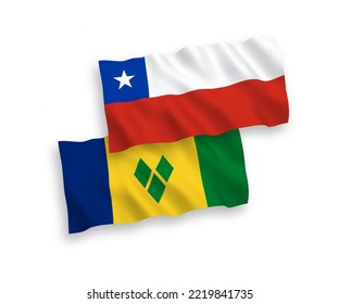 National vector fabric wave flags of Saint Vincent and the Grenadines and Chile isolated on white background. 1 to 2 proportion.