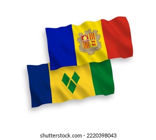 National vector fabric wave flags of Saint Vincent and the Grenadines and Andorra isolated on white background. 1 to 2 proportion.