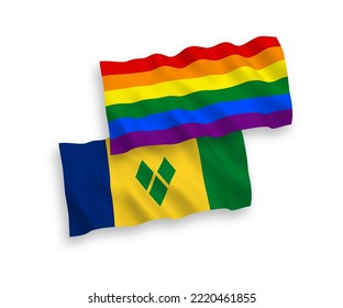 National vector fabric wave flags of Saint Vincent and the Grenadines and Rainbow gay pride isolated on white background. 1 to 2 proportion.