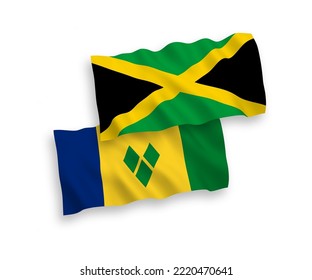 National vector fabric wave flags of Saint Vincent and the Grenadines and Jamaica isolated on white background. 1 to 2 proportion.
