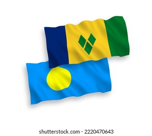 National vector fabric wave flags of Saint Vincent and the Grenadines and Palau isolated on white background. 1 to 2 proportion.