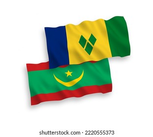 National vector fabric wave flags of Saint Vincent and the Grenadines and Islamic Republic of Mauritania isolated on white background. 1 to 2 proportion.
