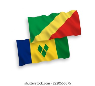 National vector fabric wave flags of Saint Vincent and the Grenadines and Republic of the Congo isolated on white background. 1 to 2 proportion.