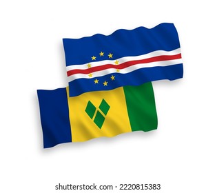 National vector fabric wave flags of Saint Vincent and the Grenadines and Republic of Cabo Verde isolated on white background. 1 to 2 proportion.