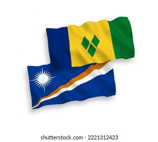 National vector fabric wave flags of Saint Vincent and the Grenadines and Republic of the Marshall Islands isolated on white background. 1 to 2 proportion.