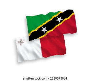 Banderas de olas de tela vectorial nacional de Malta y Federación de Saint Christopher y Nevis aisladas en fondo blanco. de 1 a 2.