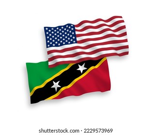 National vector fabric wave flags of Federation of Saint Christopher and Nevis and USA isolated on white background. 1 to 2 proportion.