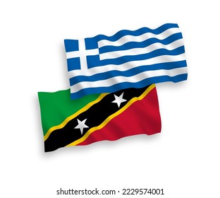 Banderas de ondulación de tela vectorial nacional de Grecia y Federación de Saint Christopher y Nevis aisladas en fondo blanco. de 1 a 2.