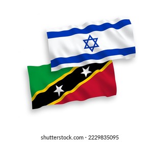 National vector fabric wave flags of Federation of Saint Christopher and Nevis and Israel isolated on white background. 1 to 2 proportion.