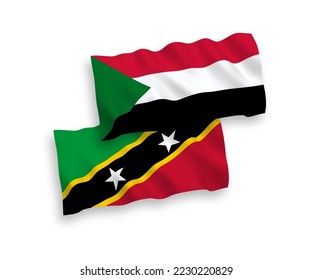 National vector fabric wave flags of Federation of Saint Christopher and Nevis and Sudan isolated on white background. 1 to 2 proportion.