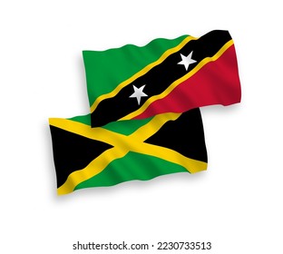 National vector fabric wave flags of Federation of Saint Christopher and Nevis and Jamaica isolated on white background. 1 to 2 proportion.