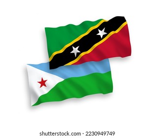 National vector fabric wave flags of Federation of Saint Christopher and Nevis and Republic of Djibouti isolated on white background. 1 to 2 proportion.