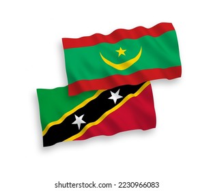 Banderas de ondulación de tela vectorial nacional de la Federación de Saint Christopher y Nevis y la República Islámica de Mauritania aisladas de fondo blanco. de 1 a 2.