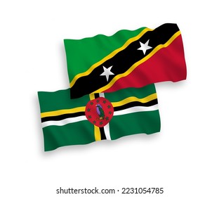 Banderas de olas de tela vectorial nacional de la Federación de Saint Christopher y Nevis y Dominica aisladas en fondo blanco. de 1 a 2.
