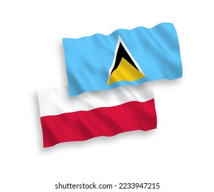 National vector fabric wave flags of Saint Lucia and Poland isolated on white background. 1 to 2 proportion.