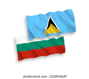 National vector fabric wave flags of Bulgaria and Saint Lucia isolated on white background. 1 to 2 proportion.