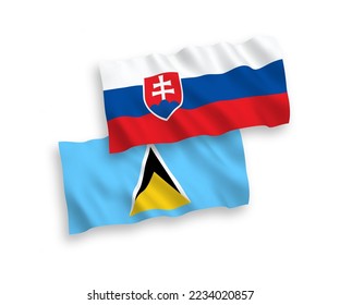 National vector fabric wave flags of Slovakia and Saint Lucia isolated on white background. 1 to 2 proportion.