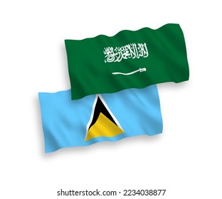 National vector fabric wave flags of Saudi Arabia and Saint Lucia isolated on white background. 1 to 2 proportion.