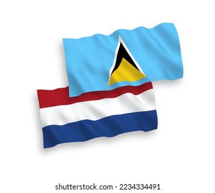 National vector fabric wave flags of Saint Lucia and Netherlands isolated on white background. 1 to 2 proportion.