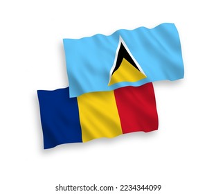 National vector fabric wave flags of Romania and Saint Lucia isolated on white background. 1 to 2 proportion.