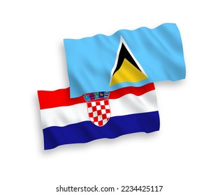 National vector fabric wave flags of Saint Lucia and Croatia isolated on white background. 1 to 2 proportion.