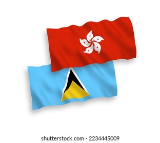 Banderas de olas de tela vectorial nacional de Santa Lucía y Hong Kong aisladas en fondo blanco. de 1 a 2.