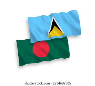 National vector fabric wave flags of Saint Lucia and Bangladesh isolated on white background. 1 to 2 proportion.