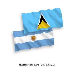 Nationale Vektor-Wellen-Flaggen von Saint Lucia und Argentinien einzeln auf weißem Hintergrund. 1 bis 2 %.