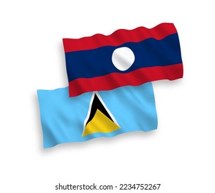 National vector fabric wave flags of Saint Lucia and Laos isolated on white background. 1 to 2 proportion.