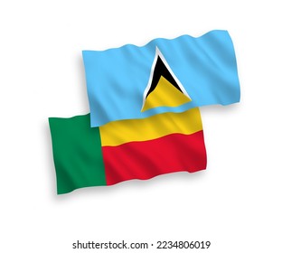 National vector fabric wave flags of Saint Lucia and Benin isolated on white background. 1 to 2 proportion.