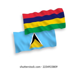 National vector fabric wave flags of Saint Lucia and Republic of Mauritius isolated on white background. 1 to 2 proportion.