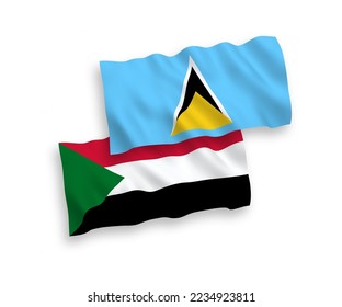 National vector fabric wave flags of Saint Lucia and Sudan isolated on white background. 1 to 2 proportion.
