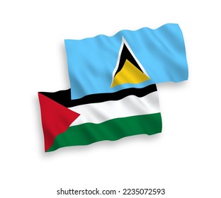 National vector fabric wave flags of Saint Lucia and Palestine isolated on white background. 1 to 2 proportion.