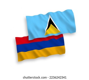 National vector fabric wave flags of Saint Lucia and Armenia isolated on white background. 1 to 2 proportion.